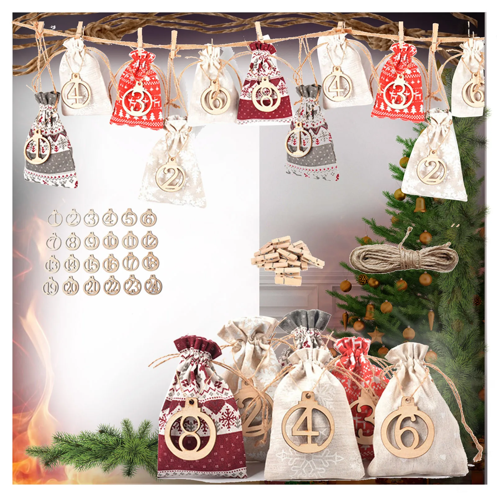 24pcs Digital Christmas Drawstring Burlap-bag Advent Calendar Countdown Gift Candy Biscuit Chocolate Packaging Bag Pendant Toy | Игрушки и