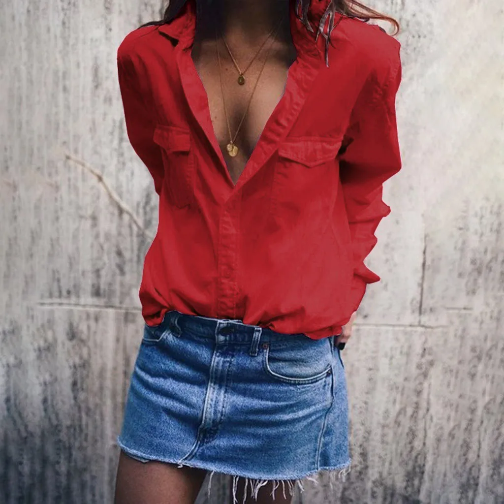 

2019 S-5XL Women Casual Solid Long Sleeve Turn Down Collar Pockets Button Shirt Tops Blouse Plus Size Tops Drop Shipping July30
