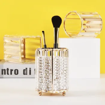 

Makeup Brushes Storage Box Luxury Clear Glass Make Up Brushes Holder with Gold Edge Eyeliner Box Desktop Cosmetics Organizer