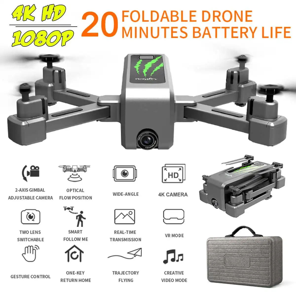 

RC Drone 4K/1080P WIFI FPV HD Wide-angle Camera Foldable Optical Flow Position 2-axis Gimbal Adjustable 20 Minutes Flying Time