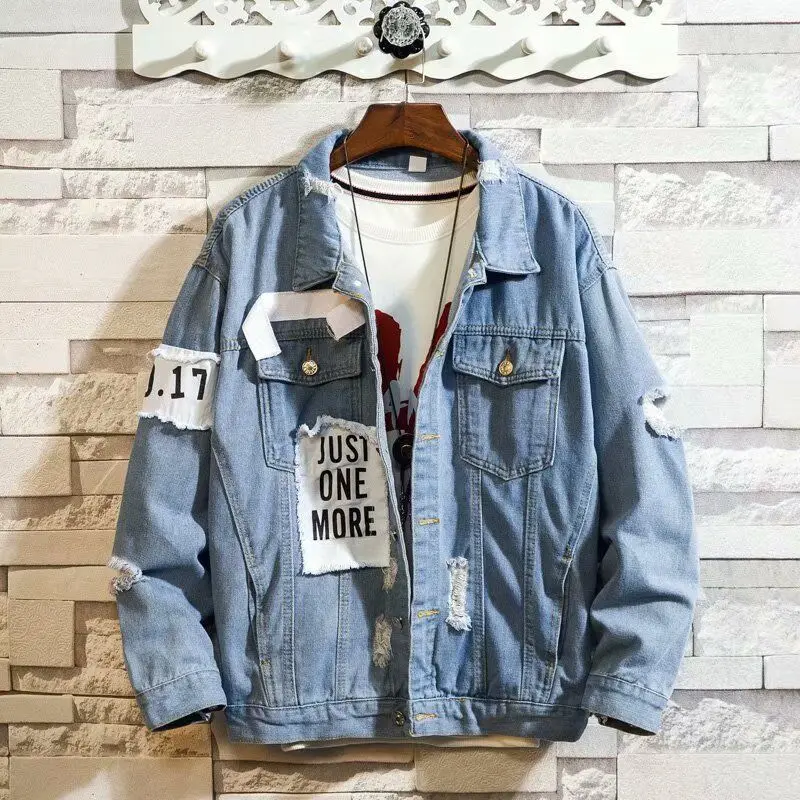 Chaqueta vaquera con agujeros rasgados para hombre, abrigo holgado para estudiantes, a la moda, primavera y otoño, 2020