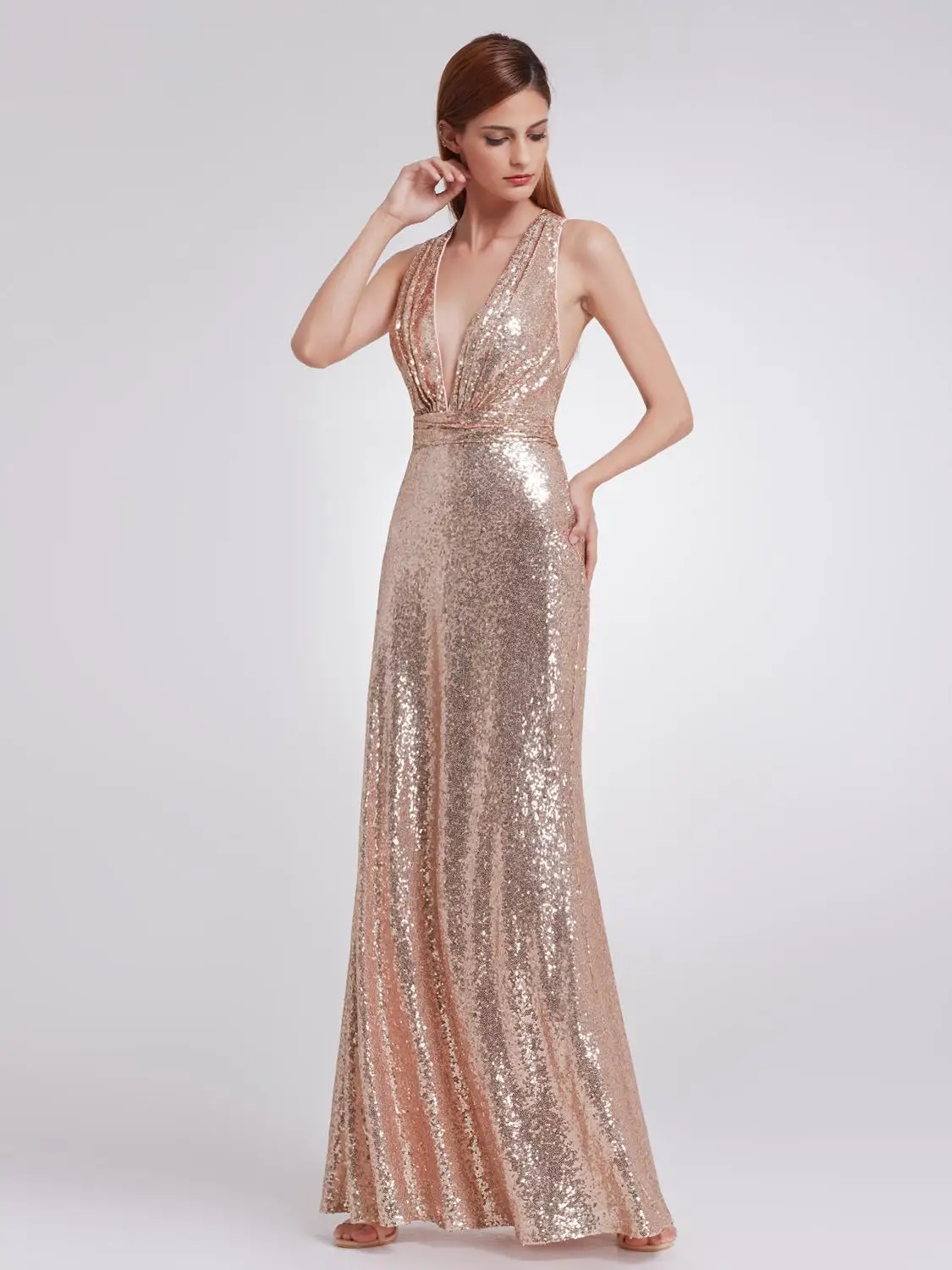 

Sexy Evening Dress Sleeveless Plunging Neck Formal Dress Sequined Crossed-Strap Back Evening Gown Dress Party