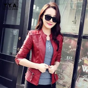 

Autumn New Motorcycle Womens Faux Leather Jackets Fashion Slim Fit Stand Collar Long Sleeve Zipper Korean Female Short Coats