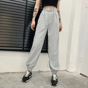 

Casual Grey Corduroy Straight Pants with Belt Loose High Waist Women Joggers Autumn Winter Warm Pants Women Long Trousers