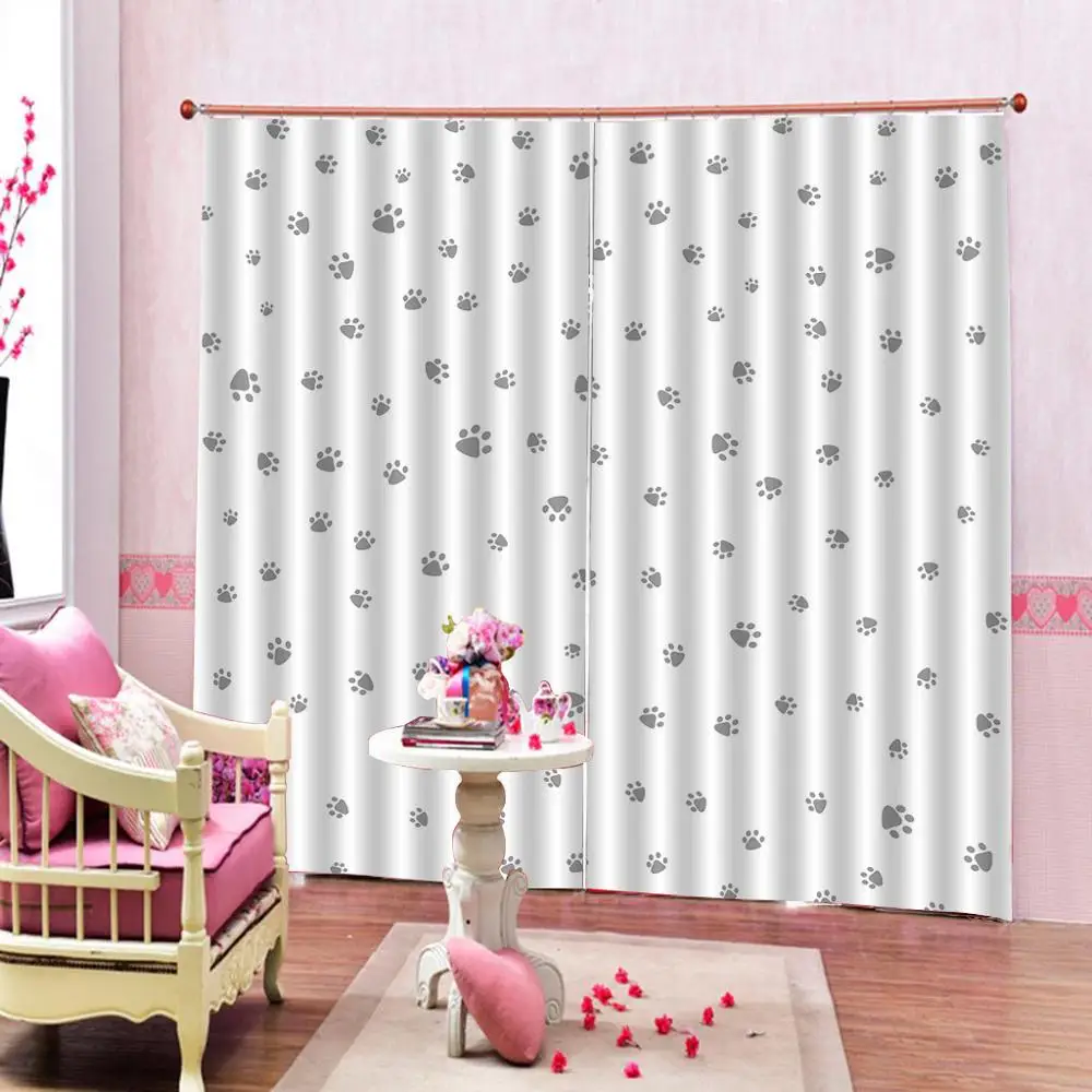 Customized Blackout Curtain with Hooks Animal Paw Ash Gray Cat Dog Canine Clip Foot Footprint Window Drapes For Children's room | Дом и