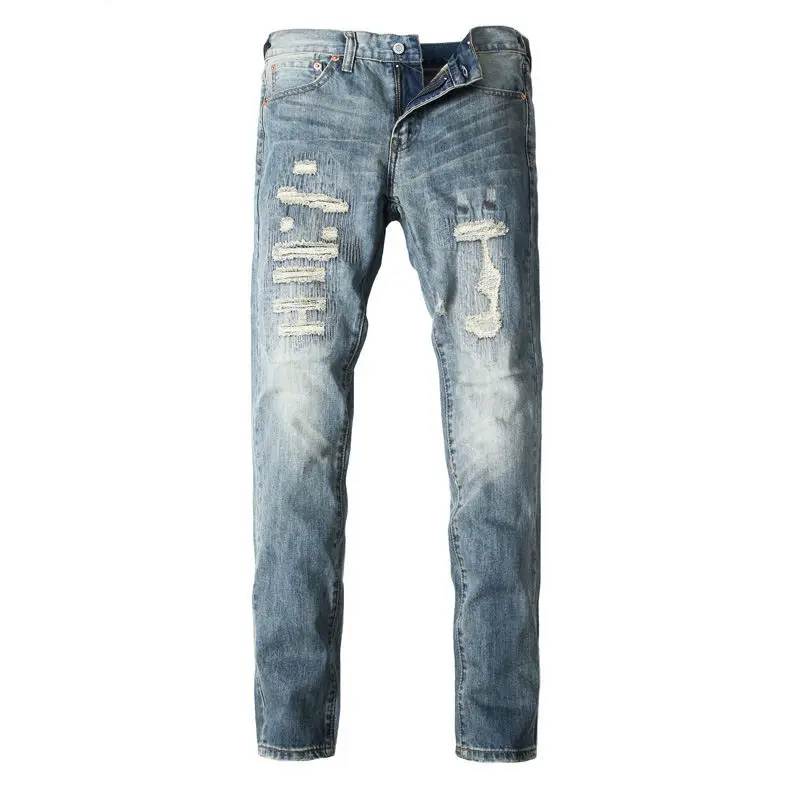

Holes Mens Vintage Style Jeans Fashion Ripped Mens Embroidered Patch Jeans Mens Long Pants Male Apparel
