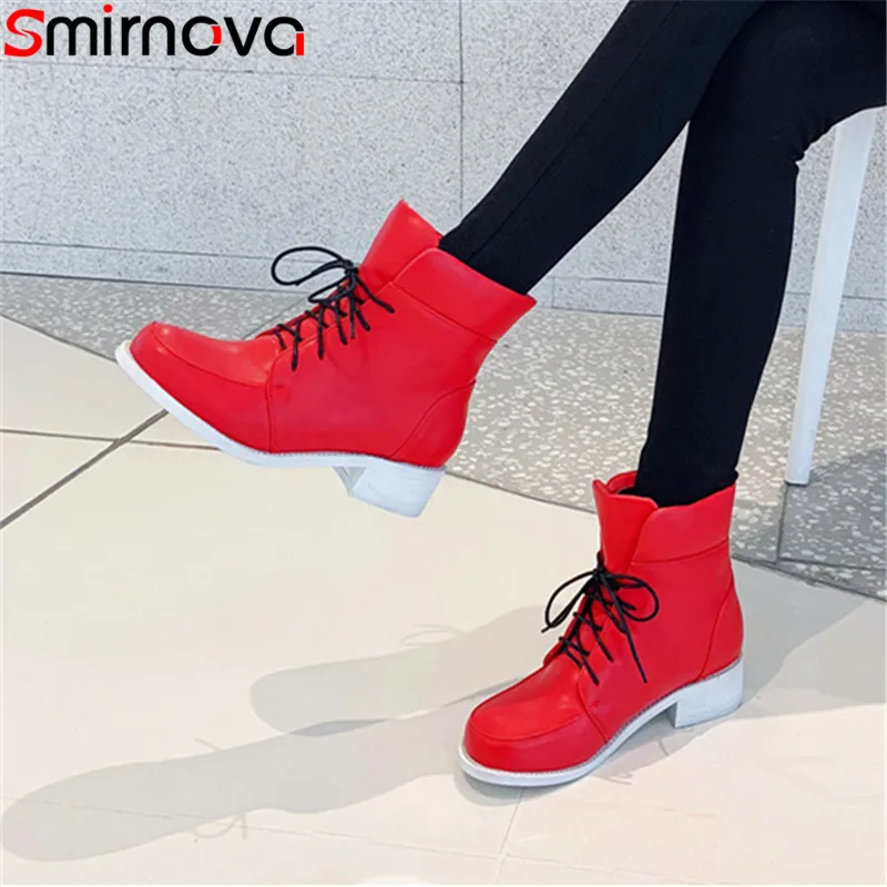 Smirnova Size 34-46 New women boots round toe red color solid lace up square heels ladies fashion casual shoe ankle | Обувь