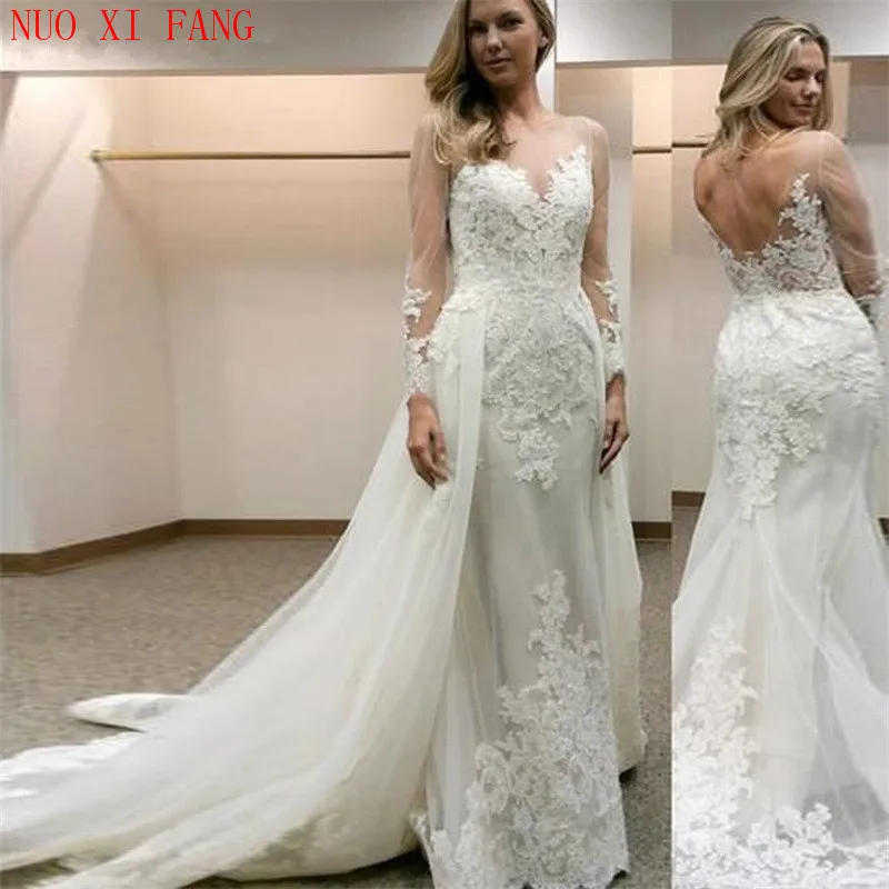 

NUOXIFANG Elegant Scoop Sheer Neckline Mermaid Wedding Dress with Lace Applique Backless Wedding Gown Boho 2020 Vestido de novia