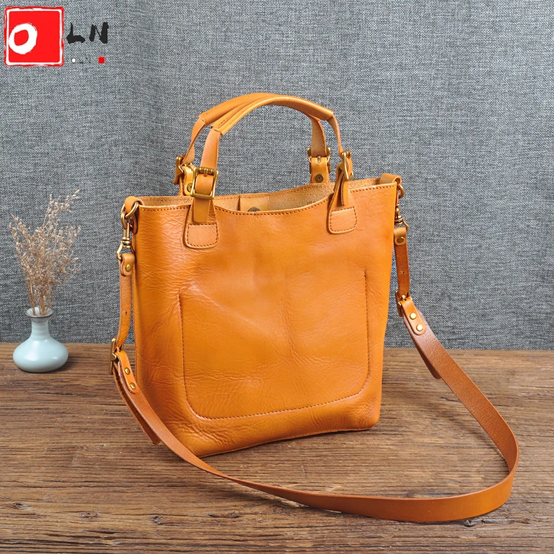 

OLN Luxury Design Woman Shoulder Bag Vintage Vegetable Tanned Leather Women Tote Bags Large Capacity Ladies Crossbody Handbag