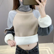 

Women Sweatshirts Turtleneck 2022 New Winter Thick Loose Fake Two Female Pullover Plus Velvet Keep Warm Korean Style S08
