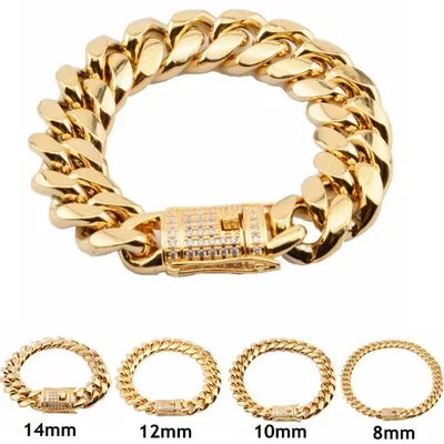 

Promotion Stainless Steel Miami Curb Cuban Chain Micro white bling Bracelets Dragon Casting Clasp Bangle 8MM~18MM S0525