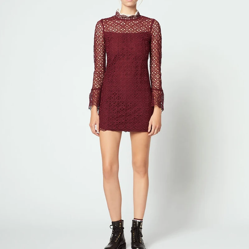 

Women Dress 2018 Autumn and Winter New Lace Embroidered Openwork Lace Collar Dress