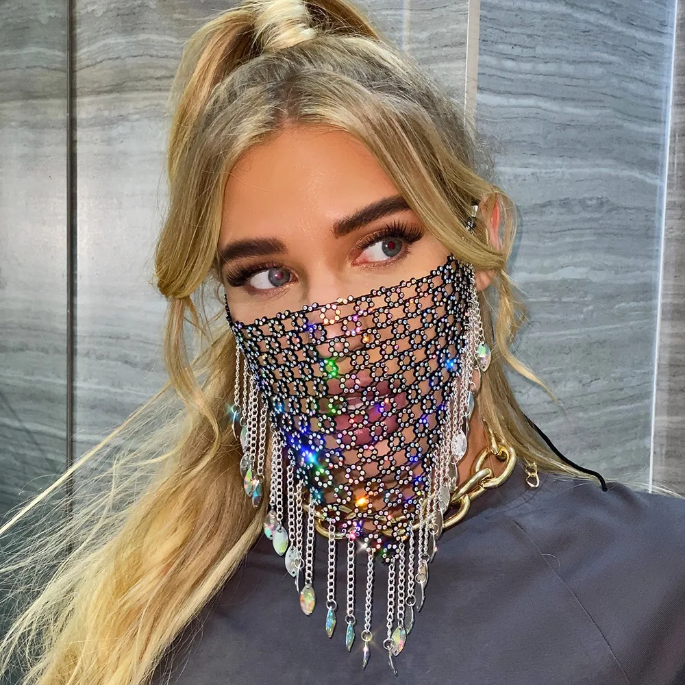 Bling Rhinestone Wedding Nightclub Bar Party Decoration Face Mask Fashion Tassel Pendant Jewelry Mask for Women Gifts