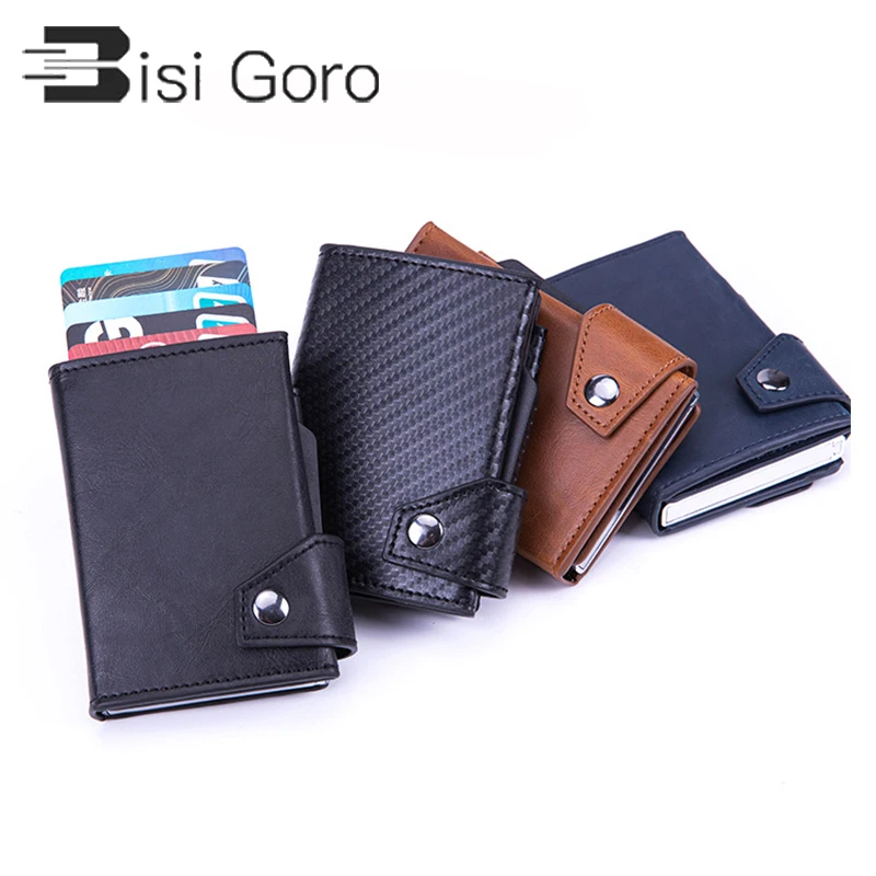 

BISI GORO RFID Single Boxes Card Holders Multifunctional Card Case with Coin Purse Anti-theft PU Leather Aluminum Box 2020 New