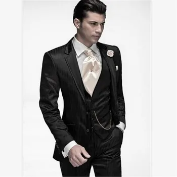 

New Classic Men’s Suit Smolking Noivo Terno Slim Fit Easculino Evening Suits For Men Two Button Black Stripe Groom Tuxedos Groom