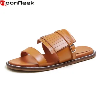 

MoonMeek 2020 New arrival fashion women slippers genuine leather flat heel comfortable mules shoes summer brown casual shoes