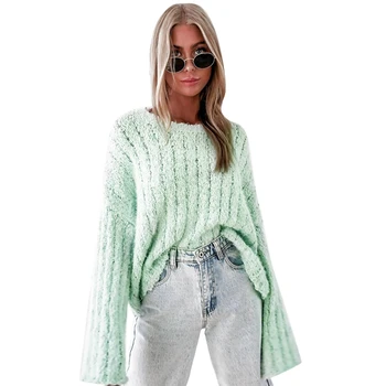 

Women Pullovers Knitted Sweater Long Flare Sleeve O-Neck Pullovers Loose Jumper Female Winter Autumn Streetwear