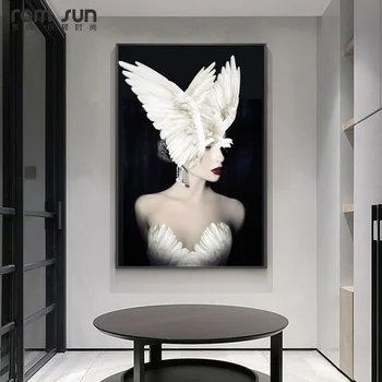 

Nordic Modern Style Sexy Topless Woman White Feathers Canvas Painting Posters And Prints Wall Pictures For Living Room Decor