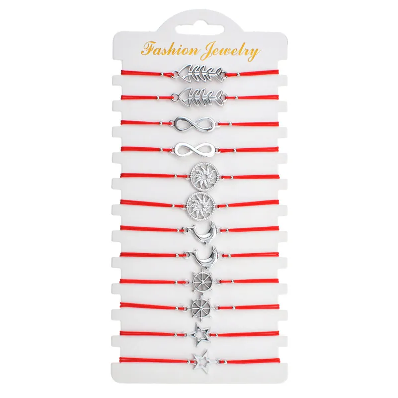 B2324A 12 pcs/lot Women Red String Rope Adjustable Braided Bracelets Set Rhinestone Zircon Infinte Love Heart Charm Bracelet Jewelry - Окраска металла: B2324A