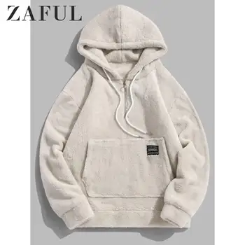 

ZAFUL Applique Solid Color Faux Fur Half Zipper Drawstring Hoodie Plain Raglan Sleeve Warm Tops Fluffy Pullovers Men Sweatshirts