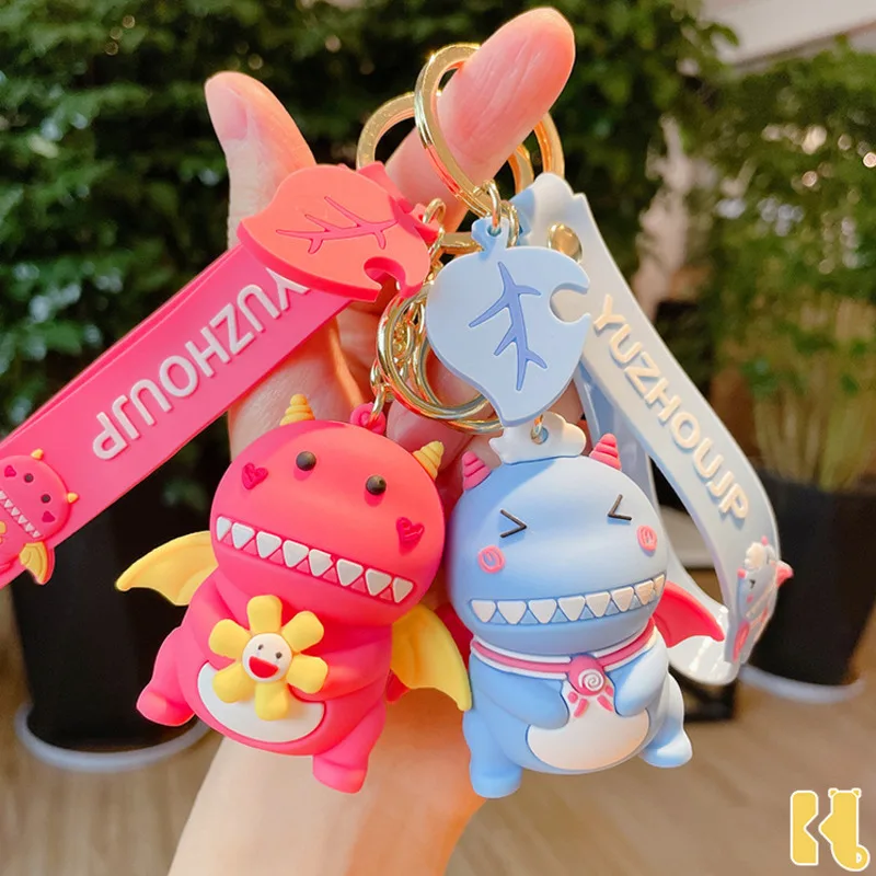 Creative Cartoon Flying Dinosaur Metal Keychain Green Pink Blue Devil Doll Car Keyring Bag Couple Pendant Soft Lanyard Gift blue pink cartoon pen holder large capacity desk essential small item storage container dinosaur space saving desk storage