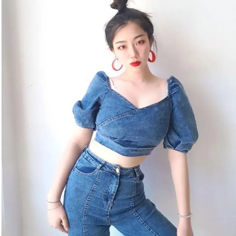 spring Denim Two Piece Set 2020 Women Fashion Sexy V-Neck Lantern sleeve short Top + High Waist Denim Wide-legged Pants set
