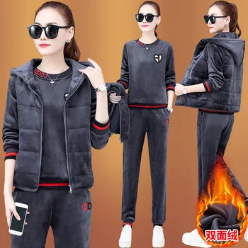 

Big Code Three-piece Set Gold Velvet Plus Velvet Thickness Sports Suit Top Foreign Style Pack Coat Female 2019