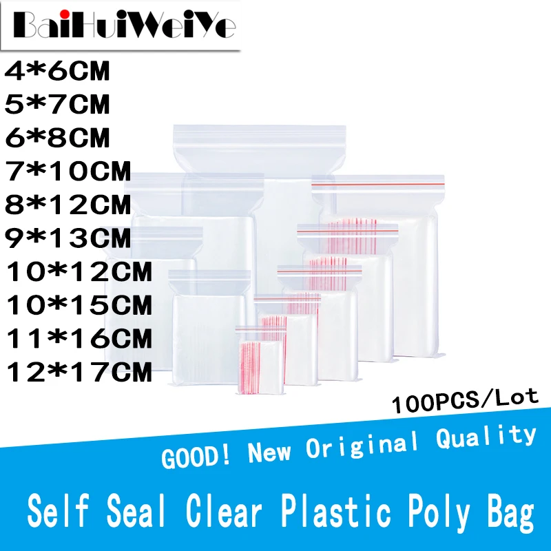 100PCS/LOT Resealable Zip Lock Bags Self Seal Clear Plastic Poly Bag Food Storage Package Reclosable Vacuum Fresh Bag