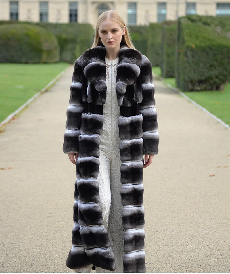 Ftangaiur зимнее импортное пальто из Шиншиллы с отложным воротником и длинным рукавом Женское пальто из натурального меха шиншиллы