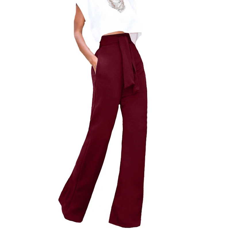 

CUHAKCI Wide Leg Pant Women Bandage Waist Casual Black Autumn Elegant Fashion Female Red Flare Trousers