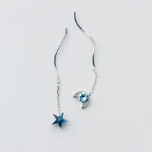 925 пробы серебряные серьги для женщин Асимметричная волна синие кристаллы Луна и звезда Висячие серьги ювелирные изделия