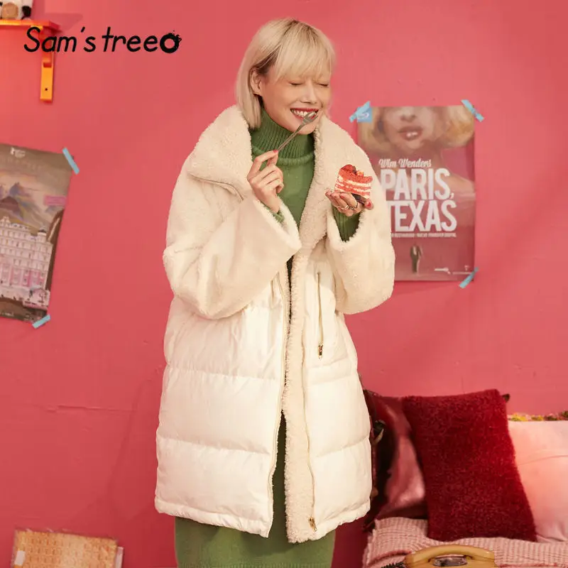 SAM'S TREE/белый однотонный теплый пуховик из овечьей шерсти в стиле пэтчворк, женский пуховик, зимняя женская парка с длинным рукавом, верхняя одежда