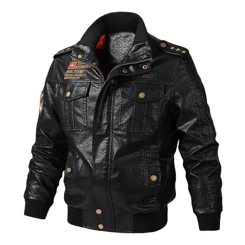Зимняя теплая куртка-бомбер из искусственной кожи, пальто, байкерские куртки мужские в стиле милитари винтажный искусственная кожа, куртка M-6XL Jaqueta De Couro - Цвет: Black