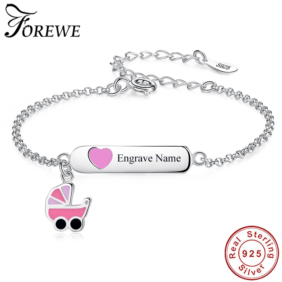 Pink Enamel Carriage Heart Chain Bracelet 925 Sterling Silver Custom Name Personalized Bracelet for Girls Kids Christmas Jewelry