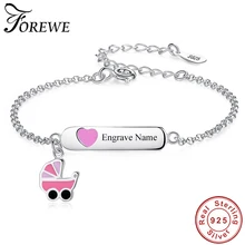 Pink Enamel Carriage Heart Chain Bracelet 925 Sterling Silver Custom Name Personalized Bracelet for Girls Kids Christmas Jewelry