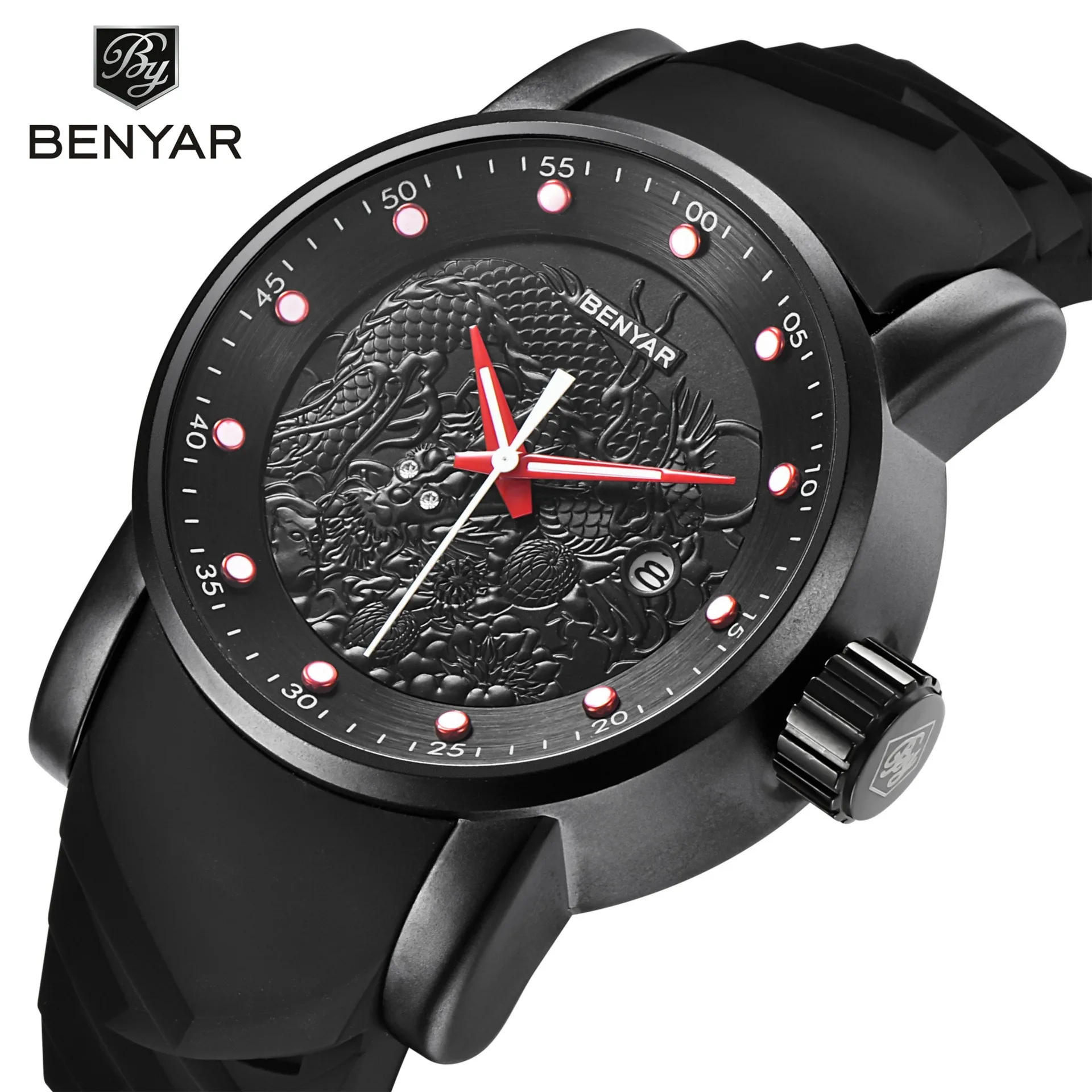 

Chinese-style Dragon Design Relief Watch Men's Silicone Band Waterproof Calendar Night Light Watch Men's Watch