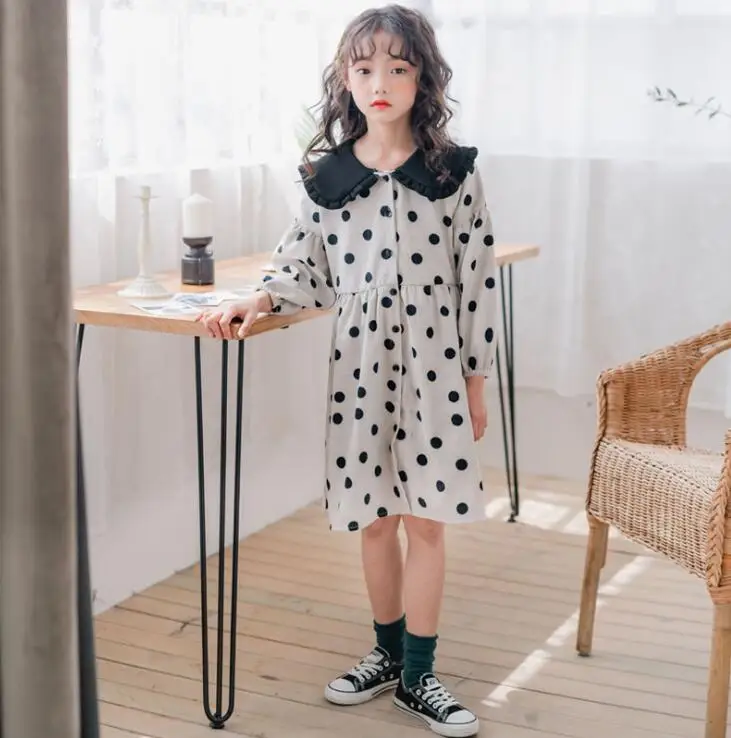 Платье в горошек в Корейском стиле для девочек модные хлопковые осенние платья для девочек От 4 до 9 лет, PP198