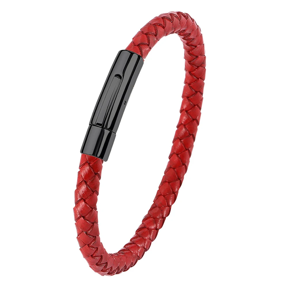 FIREBROS Gold Black Silver Stainless Steel Clasp 6mm Red Brown Black Genuine Leather Bracelet for Men Women Jewelry Dropshipping - Окраска металла: Red Black Clasp
