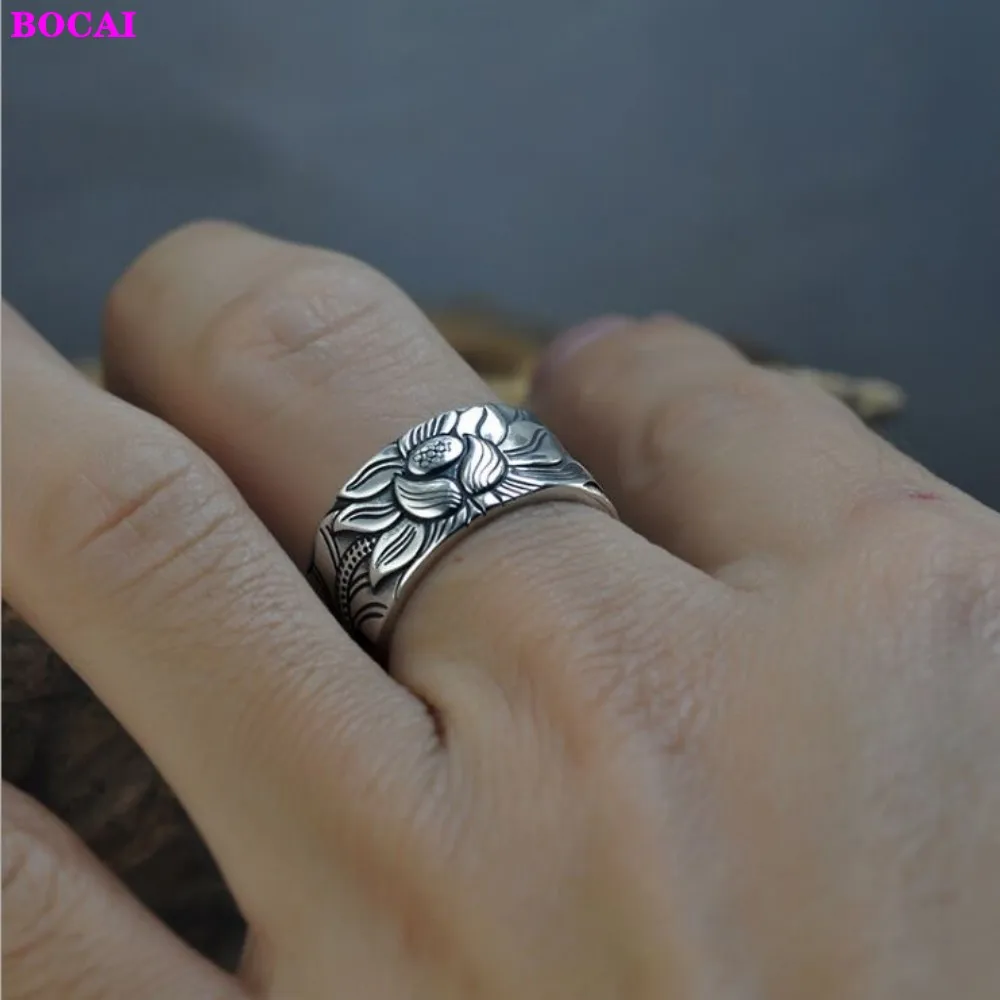 Мужское кольцо в стиле ретро BOCAI S999 из чистого серебра с сердцем лотоса тайское