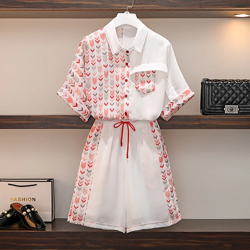 Verano de impresión de conjunto de dos piezas para mujeres de gasa botones Top dulce y pantalones cortos trajes de oficina conjuntos ropa de ocio de tela