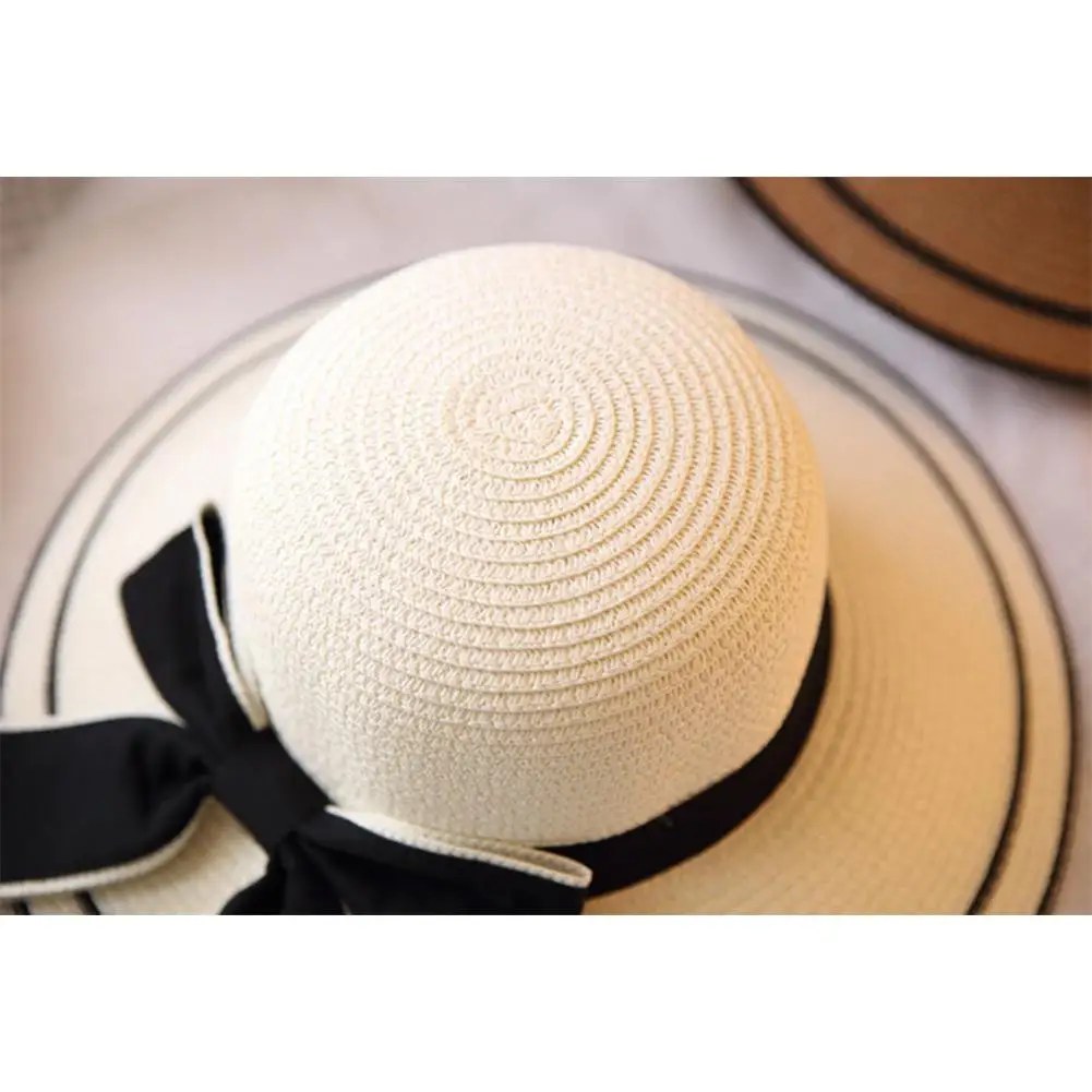 Studyset Women Sun Hat Summer Solid Color Bowknot Sunscreen Outdoor Breathable Straw Hat cap circumference 56-58cm