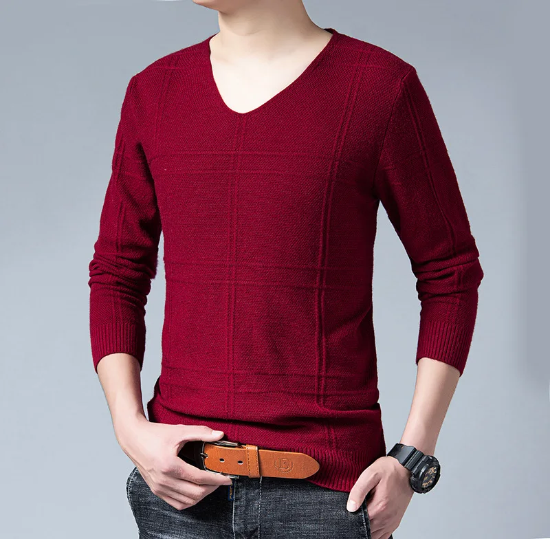 Однотонные черные и красные мужские вязаные свитера тонкий v-образный вырез