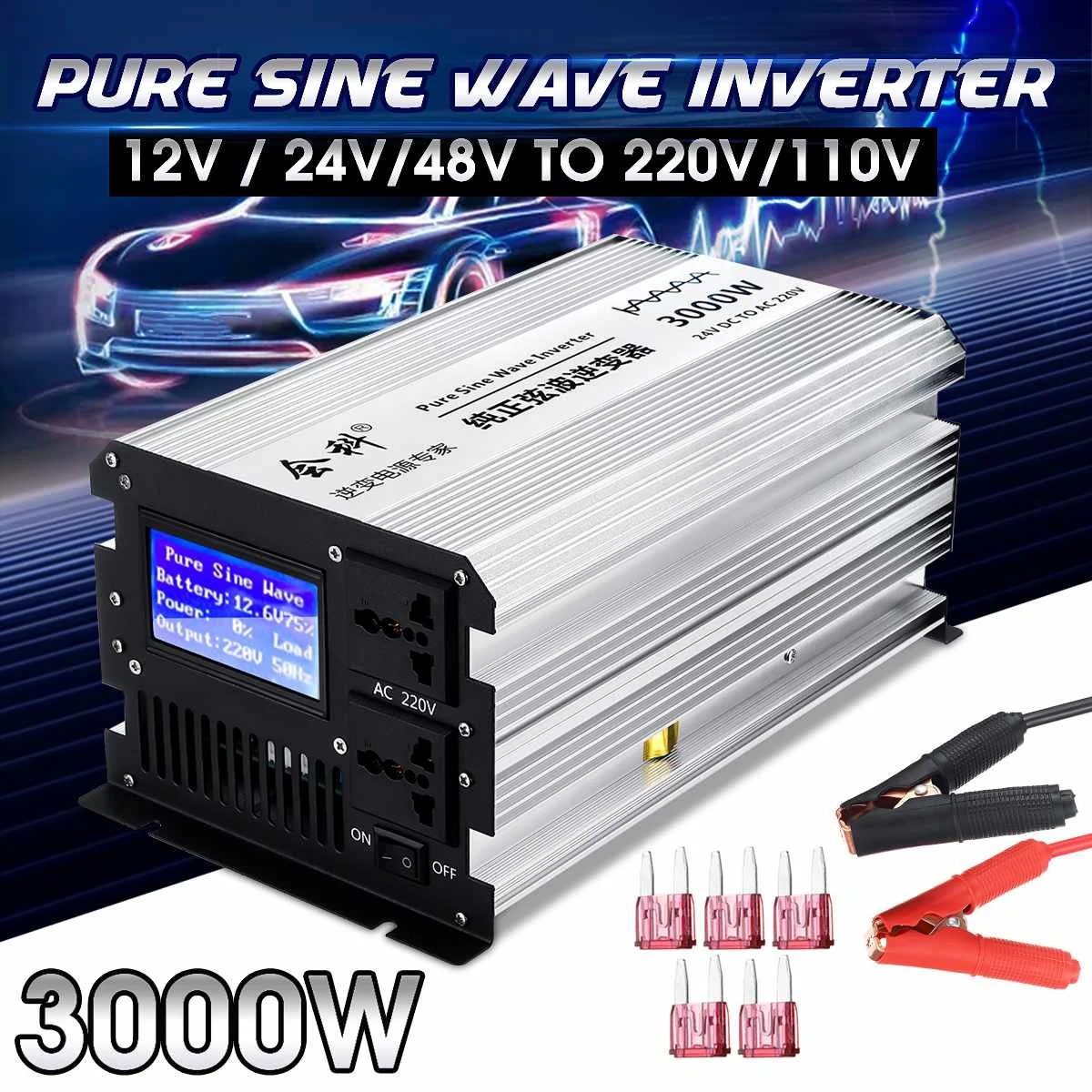 

Inverter pure sine wave 1500W 3000W Peaks 12v/24v/48v to AC110v/ 220v LCD display Inverter power supply