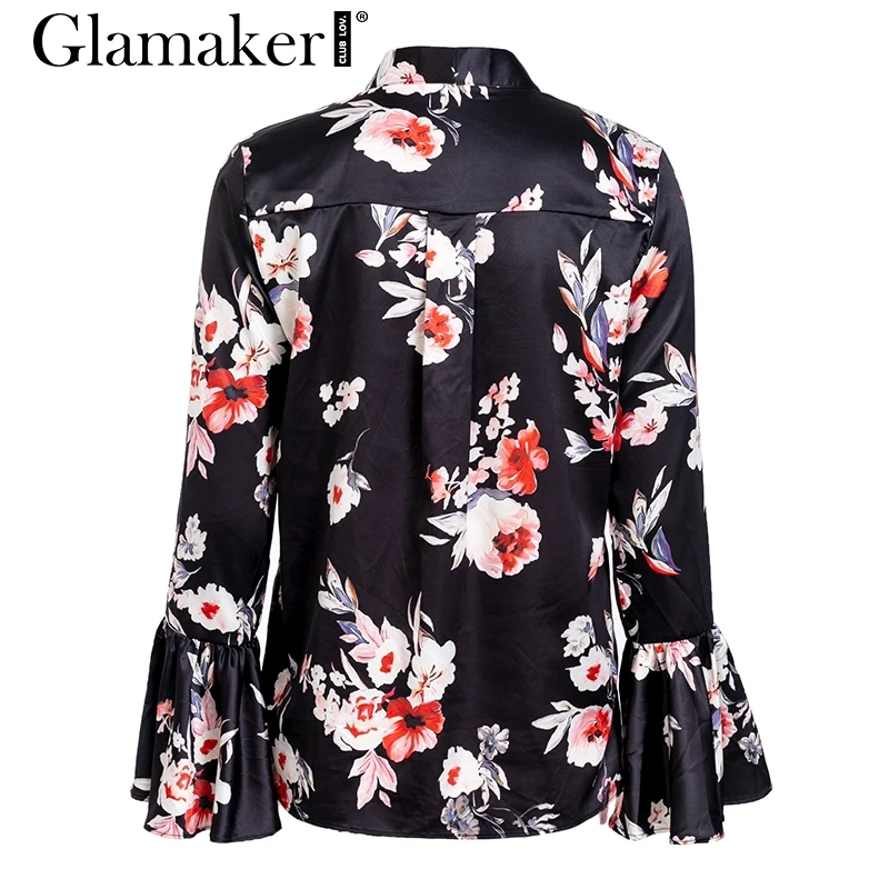 Glamaker цветочный принт Сексуальная кружевная блузка рубашка мандарин рукав