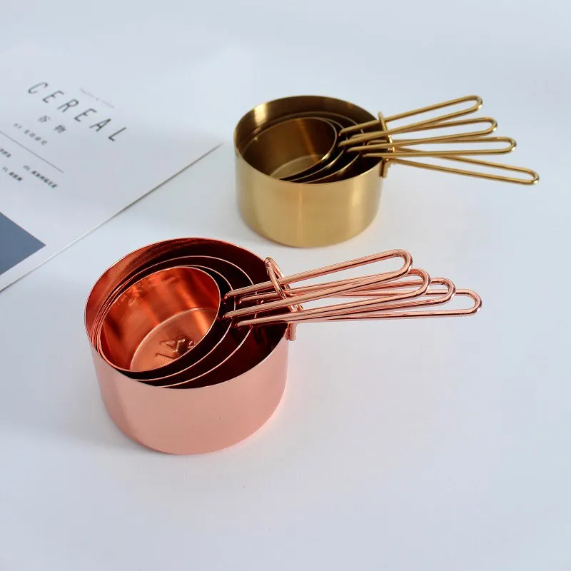 Juego de cucharas medidoras de acero inoxidable, tazas medidoras de oro rosa, accesorios de cocina, utensilios de medición de cuchara para té para hornear, 8 Uds.