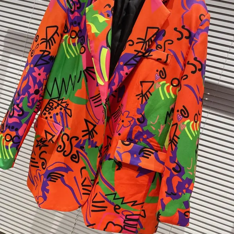 2020 Autumn New Arrival Long Sleeve Nothced Collar Orange Graffiti Printed Slim Blazer Women Coat Streetwear Ladies Suit Jacket
