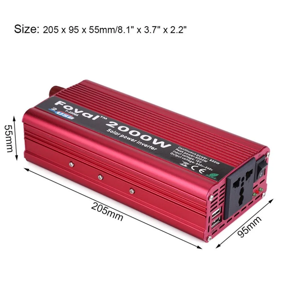 Автомобильный инвертор высокой мощности 2000 Вт DC12V к AC220V алюминиевый сплав двойной USB конвертер высокого преобразования