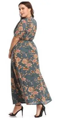 5XL летнее женское платье в стиле бохо с цветочным принтом размера плюс, v-образный вырез, с поясом, половина рукава, высокая талия, длина по щиколотку, длинные пляжные платья DC620
