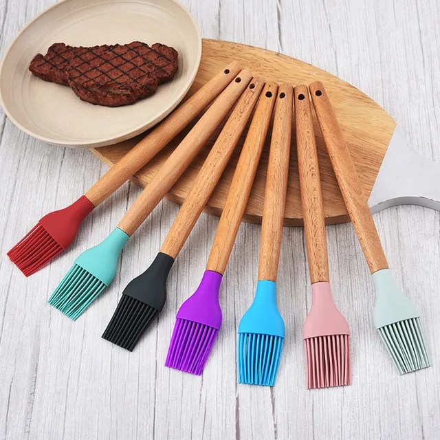 1Pc Szilikon Bbq Olajfestő Kefe Fa Fogantyú Sütemény Kenyér Krém Főző Kefék Sütés Barbecue Konyhai Kiegészítők