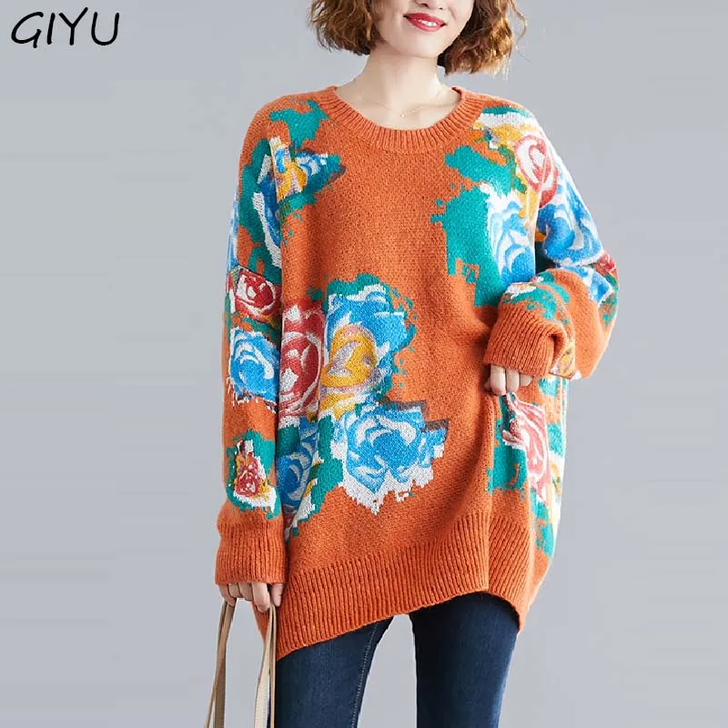 Women Vintage 2019 Winter Flower Wool Sweater Oversized Loose Lazy Style Pullover Knitted Korean Print Femme | Женская одежда